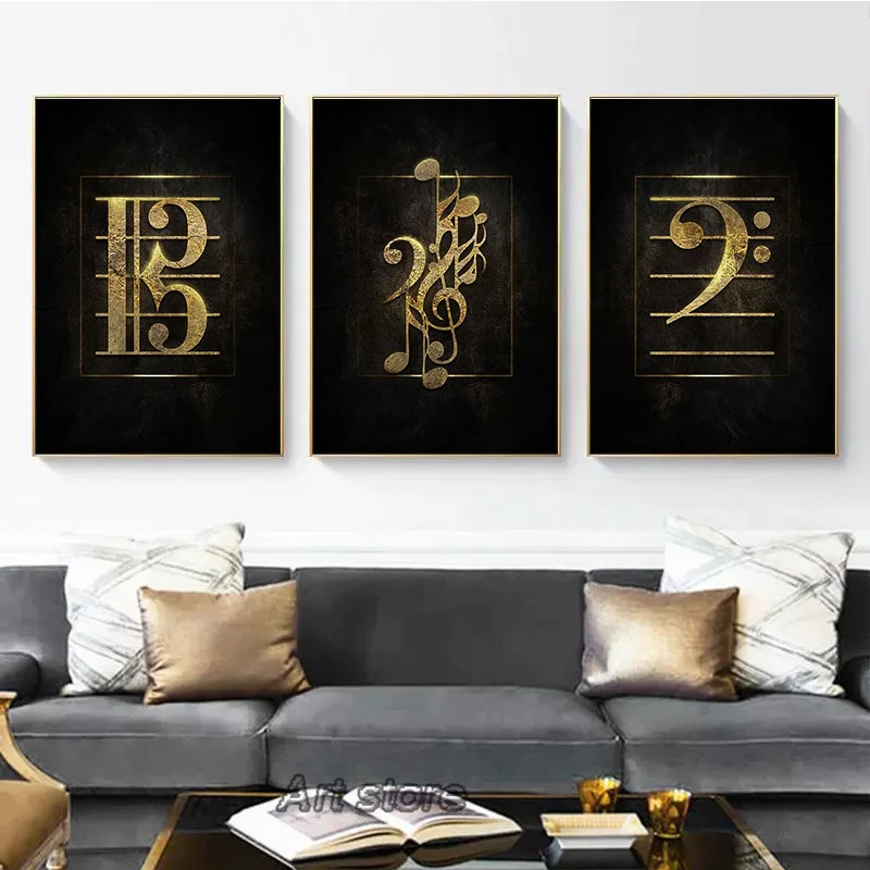 Black Golden Music Symbolic Canvas Painting Musical Instrument Posters and Prints Wall Art Picture Home Living Room Decoration