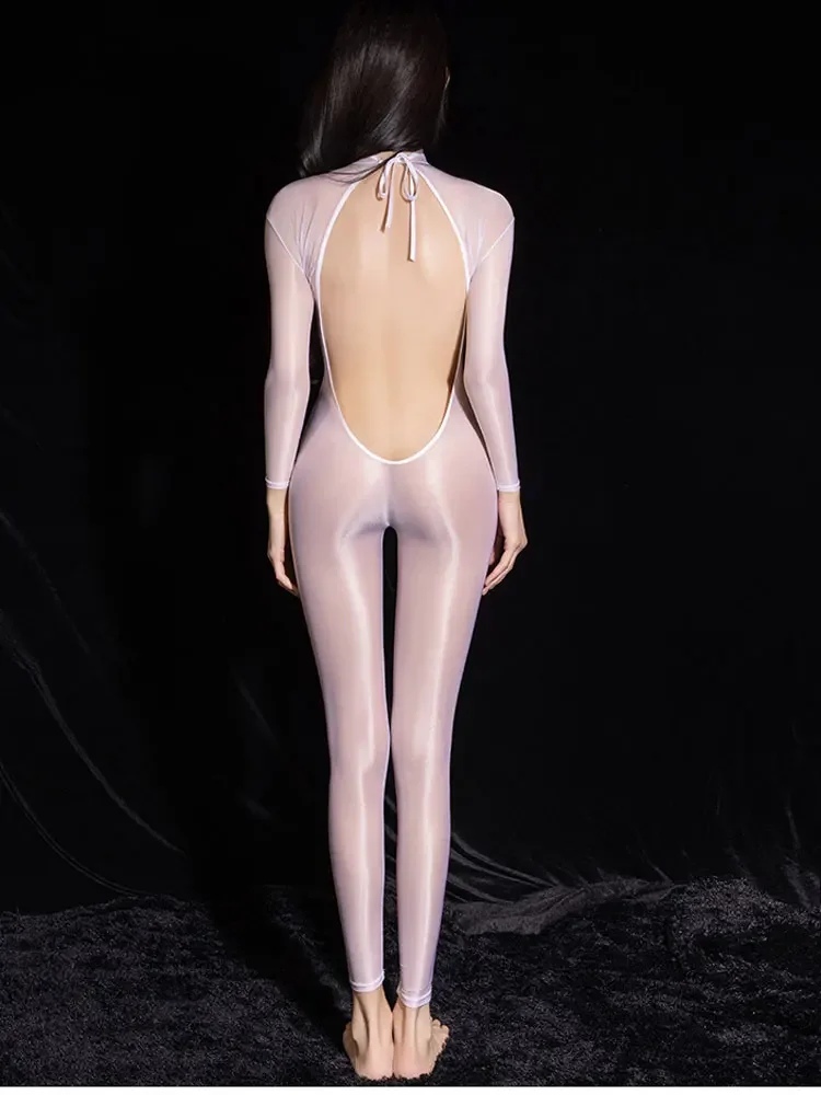 Ultrathin Transparent Women\'s Jumpsuit Sexy Backless Long Sleeves Bodysuit Club Role Play Tights High Elastic Clothing Leotard