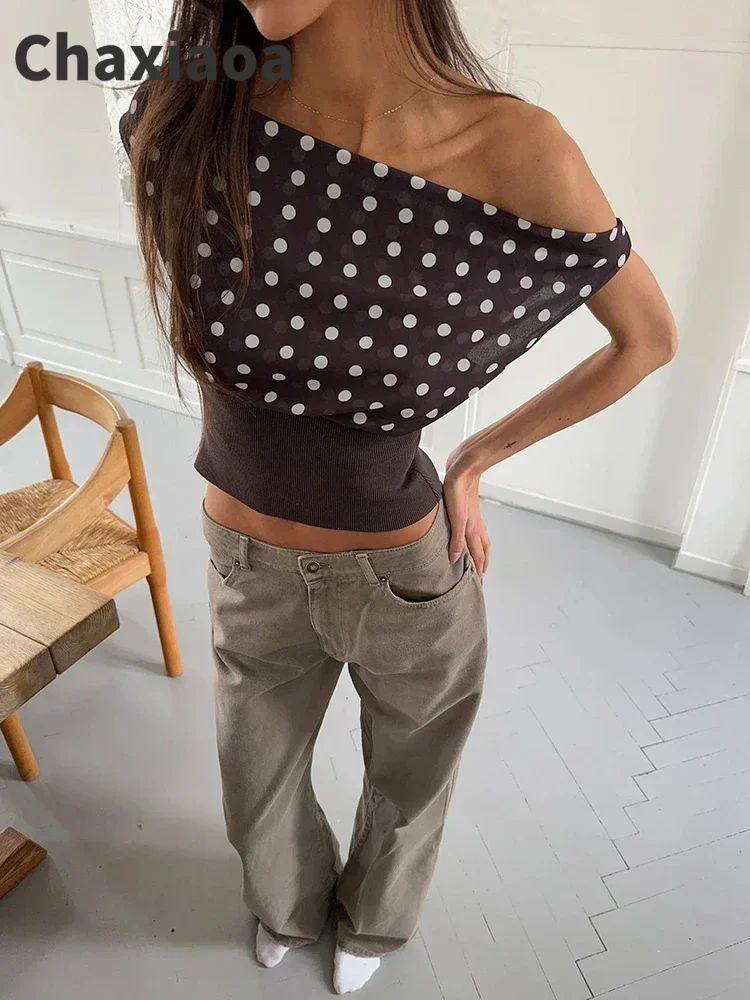 

Chaxiaoa Backless Polka Dot Crop Tops Women Vest Fashion Summer New Oblique Shoulder Sleeveless Tank Tops Pullovers Female