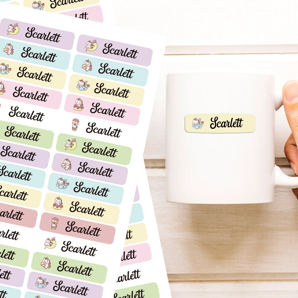 علامات اسم شخصية ملصقات لطيف يونيكورن الغيوم القمر تسميات اسم مخصص لزجاجات المياه الكؤوس والقرطاسية مقاوم للماء #1