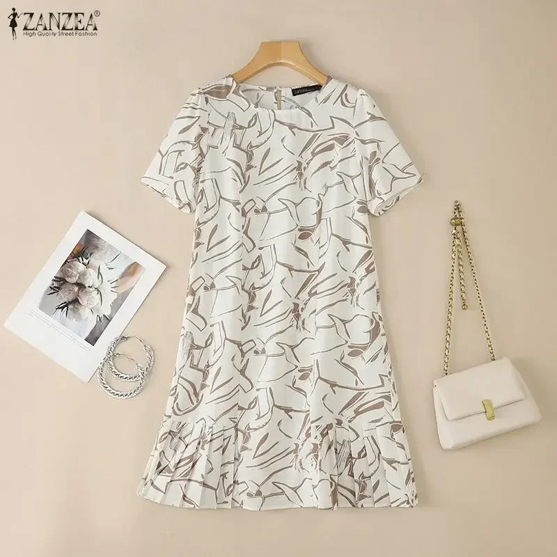 2026 ZANZEA Summer Printed Dress Women Elegant Short Sleeve Pleated Sundress Stylish Work Knee Length Robe A Line Office Dresses