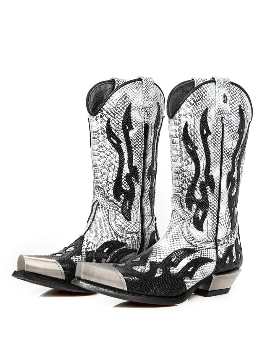 Botas hasta la rodilla con bloques de colores y llamas bordadas, botines de caballero de tacón grueso con punta estrecha a la moda, Botas femeninas de talla grande para hombre