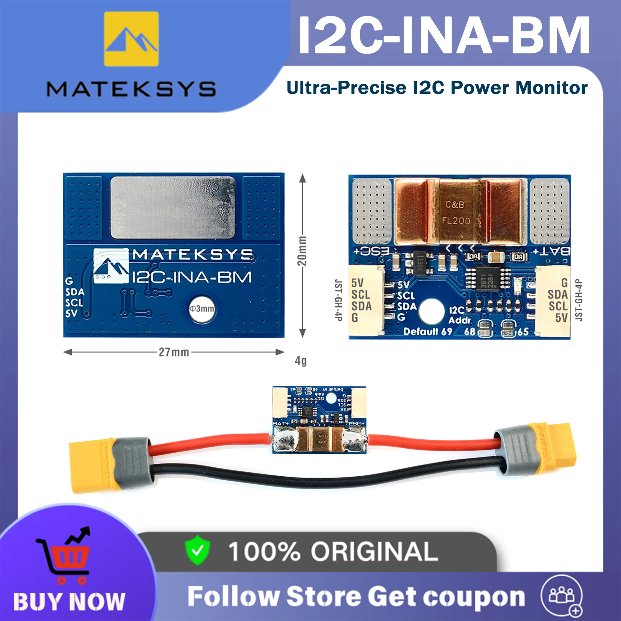 

MATEK Mateksys ULTRA-PRECISE I2C POWER MONITOR,I2C-INA-BM Voltage sense 0~85V ±0.1% Current Sense 0~204.8A ±2% for RC FPV Drone
