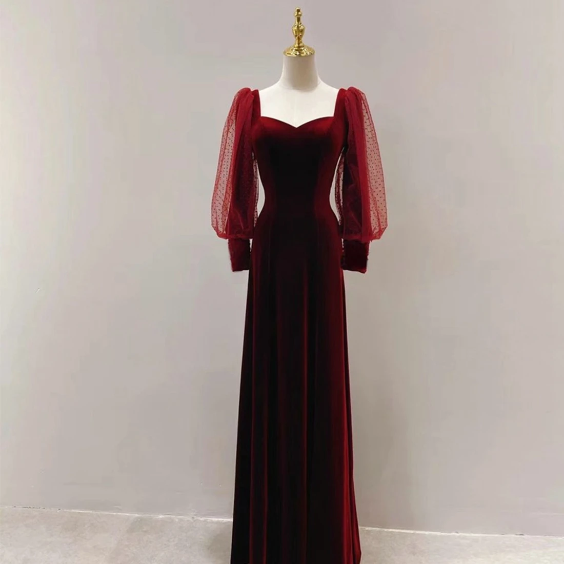 Velvet Prom Dress A-line Floor-length Gown with Sleeves Prom Dresses Customized