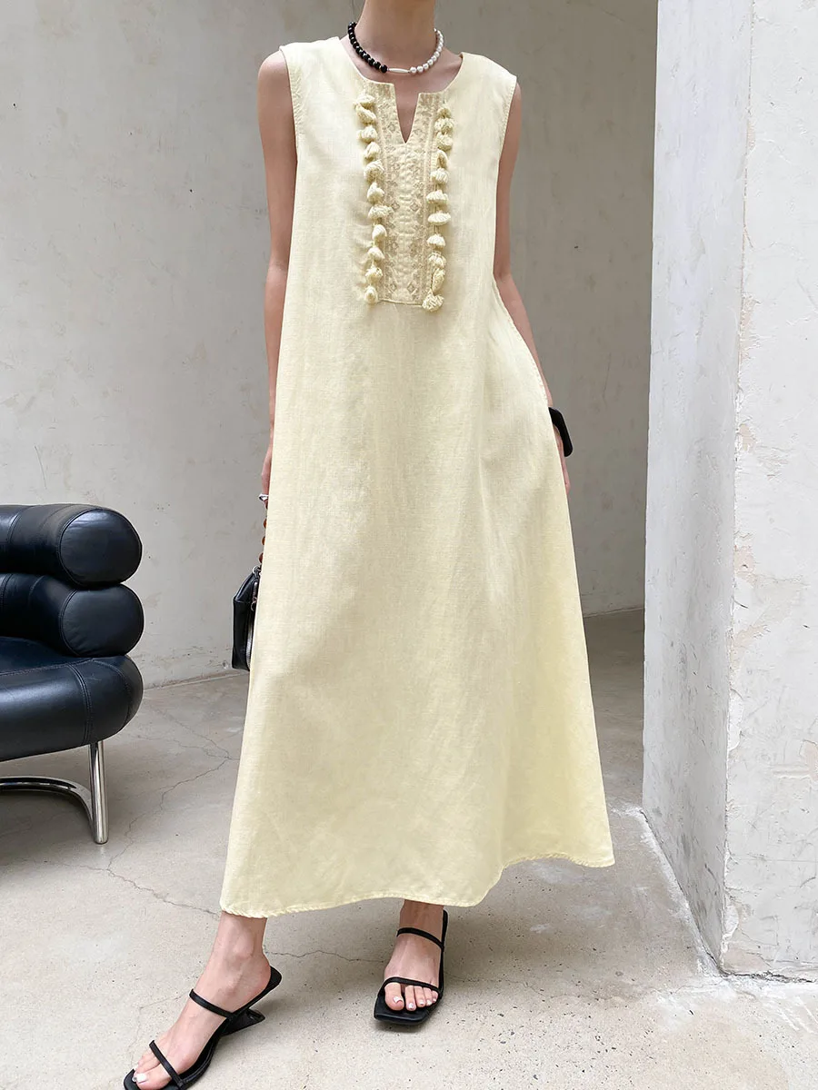 Sommerliches, lässiges, einfarbiges, ärmelloses Westenkleid für Damen mit V-Ausschnitt, Stickerei und Quasten – Detail 23