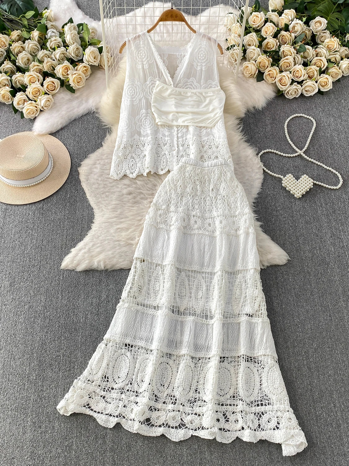 Bohemian Vacation Lace Floral V-neck Tank Top Ice Silk Sexy Wrap Chest Three-piece Set Elegant Long Dress Summer Fashion Set