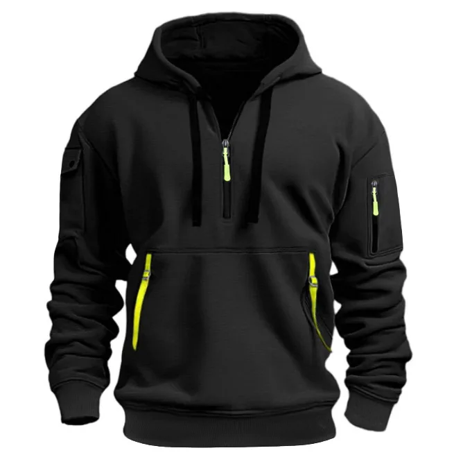 New Men\'s Leisure Sports Pullover Multi Zipper Arm Pocket Hoodie Set Autumn/Winter Fashion Hoodie Hoodie Men\'s Loose Coat 2024