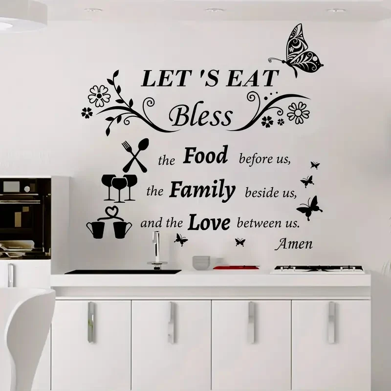 1pc Kitchen Wall Decal Dinner Meal Prayer Wall Sticker Kitchen Quote Wall Decal Let's Eat Blessing Food Before We Sign Christian