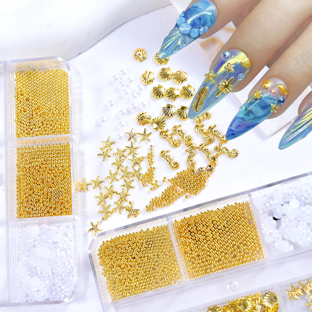 1 scatola 3D acrilico fiore caviale perline fascino per unghie, lega Shell Starfish rivetti per unghie perla oro sfera d'acciaio gioielli forniture per Nail Art