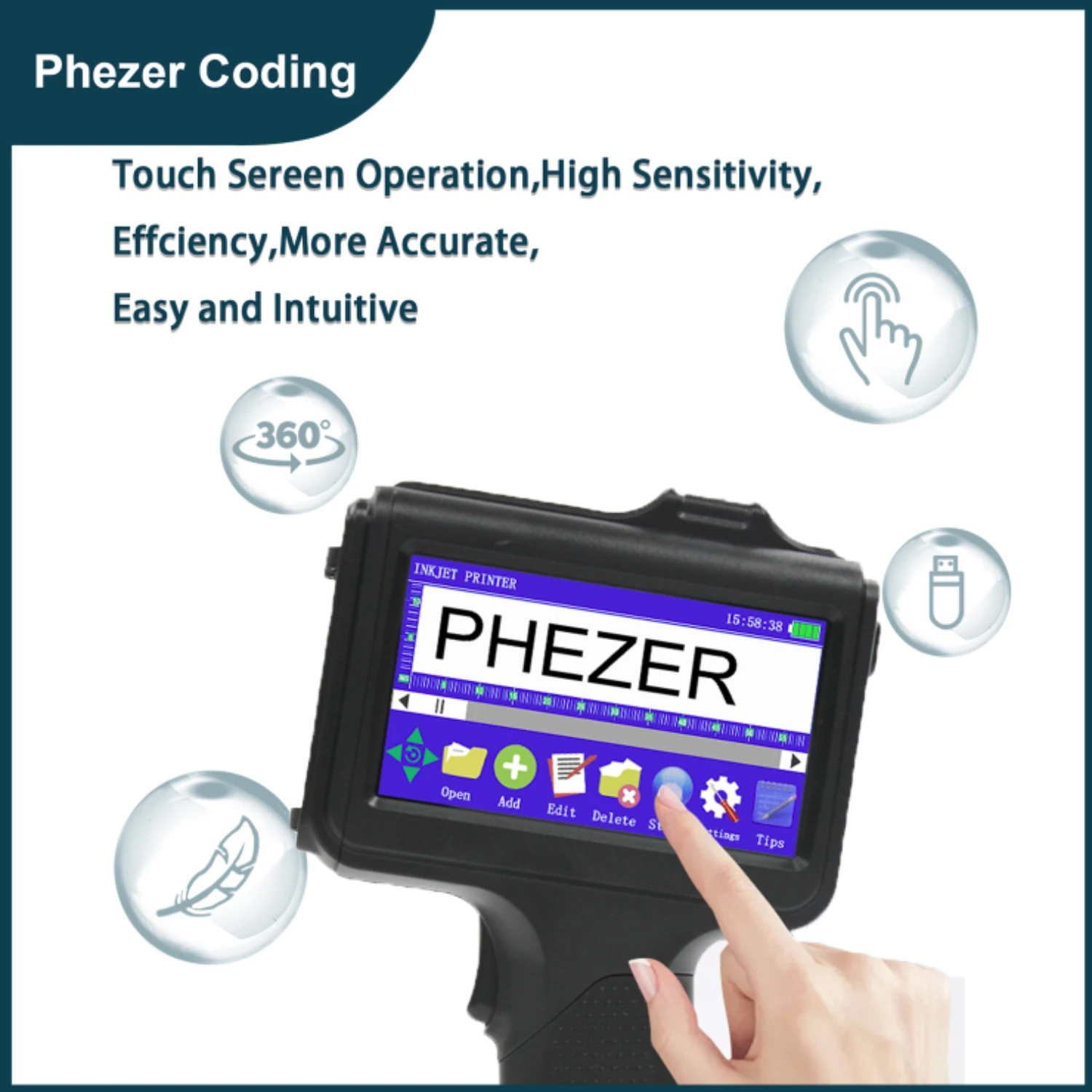 Phezer P19 12.7mm Handheld Inkjet Printer Portable Inkjet Label Maker Machine QR Code Barcode Expiry Date Batch Logo Number