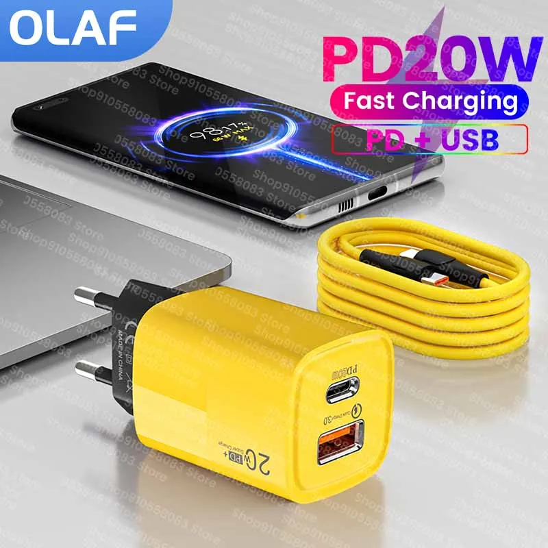 PD 20W USB Type C Charger Dual Ports Type C USB Fast Charging Charger For iPhone 15 Pro Samsung Xiaomi USB C To C Charging Cable