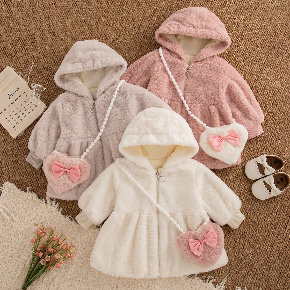 Baby Girl Winter Party Costume Simple Solid Color Design Hooded Zipper Long Sleeved Coat Baby Girl Coat with Bag