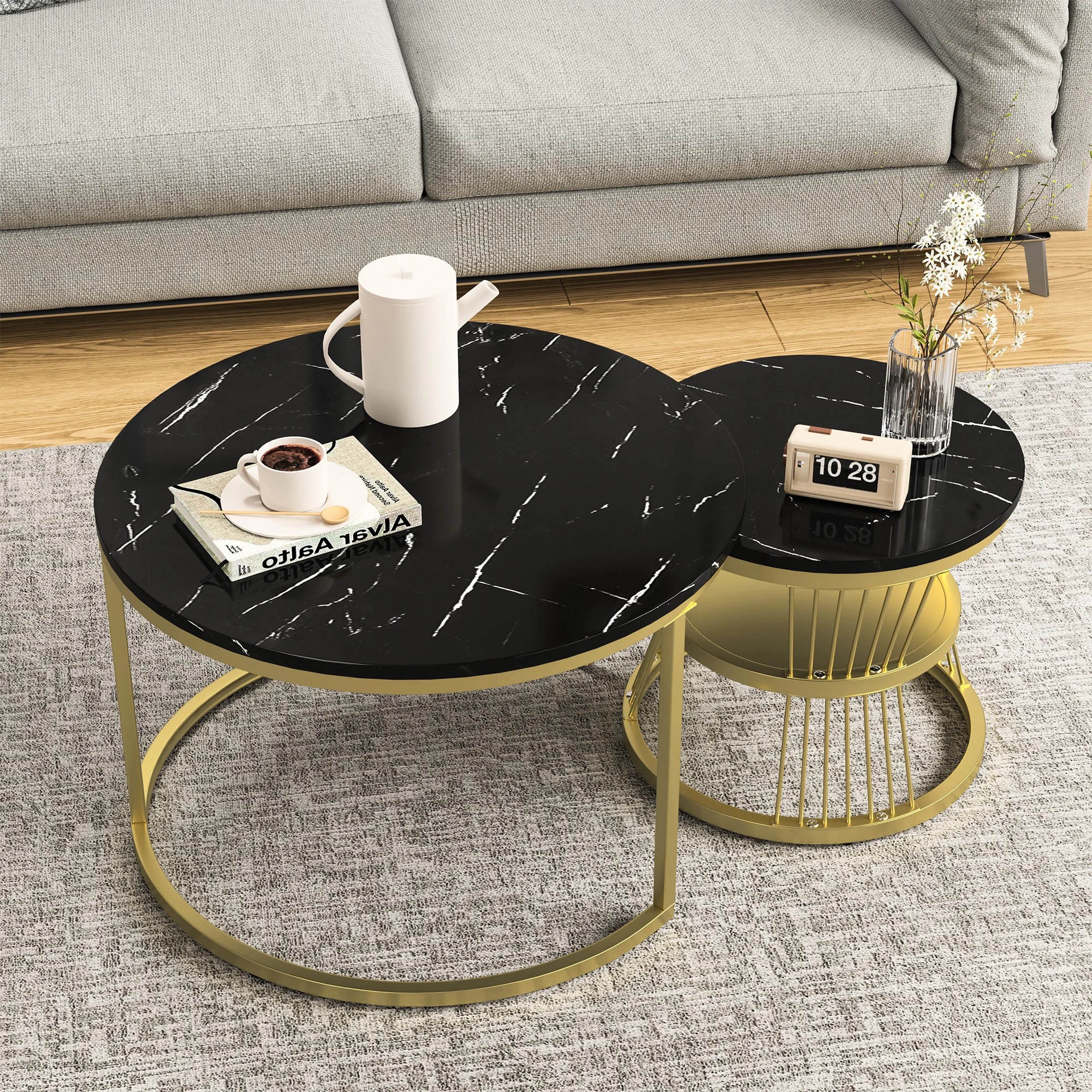 Round Nesting Coffee Table, Set of 2 Modern Coffee Table with Faux Marble Top, Gold Metal Frame Black Nesting Table for Living R