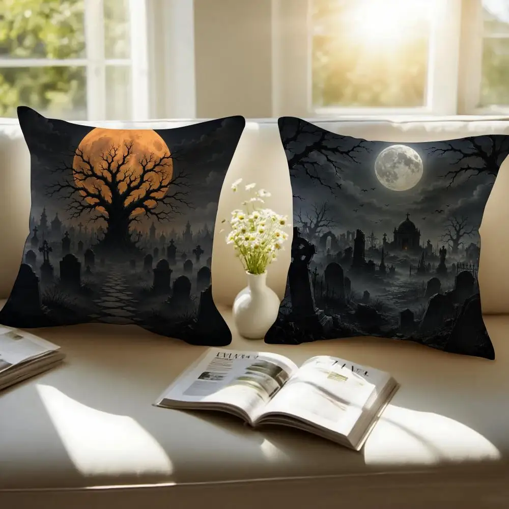 H-Halloween Graveyard Panorama Cushion Cover Pillowcase Anti-dustmite Invisible Zipper Short Plush Sofa Cushion