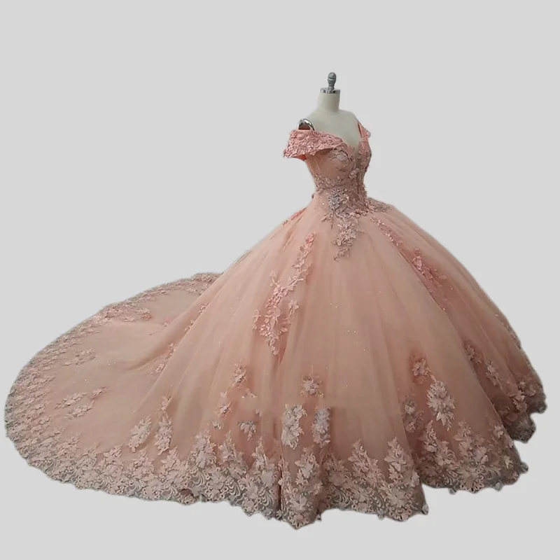 Rosa quinceanera vestidos de baile fora do ombro tule apliques inchado mexicano doce 16 vestidos 15 anos