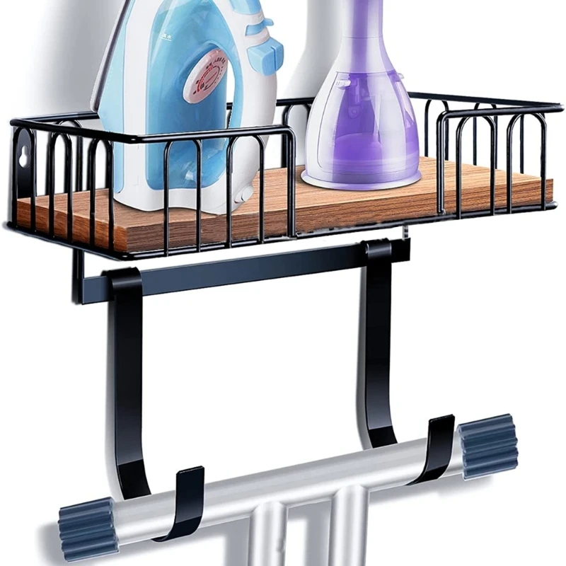 Ironing Board & Iron Store Wall Rack with Adjustment Hook & Wood Storage Basket Multifunctional Ironing Accessory