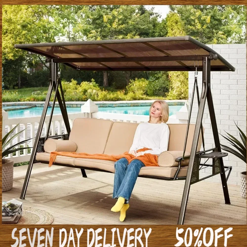 

71inOutdoor Porch Swing with Hardtop 3 Seat Patio Swing Bench with 2 Side Cup Holder Convertible Backrest Swing Bed with Cushion