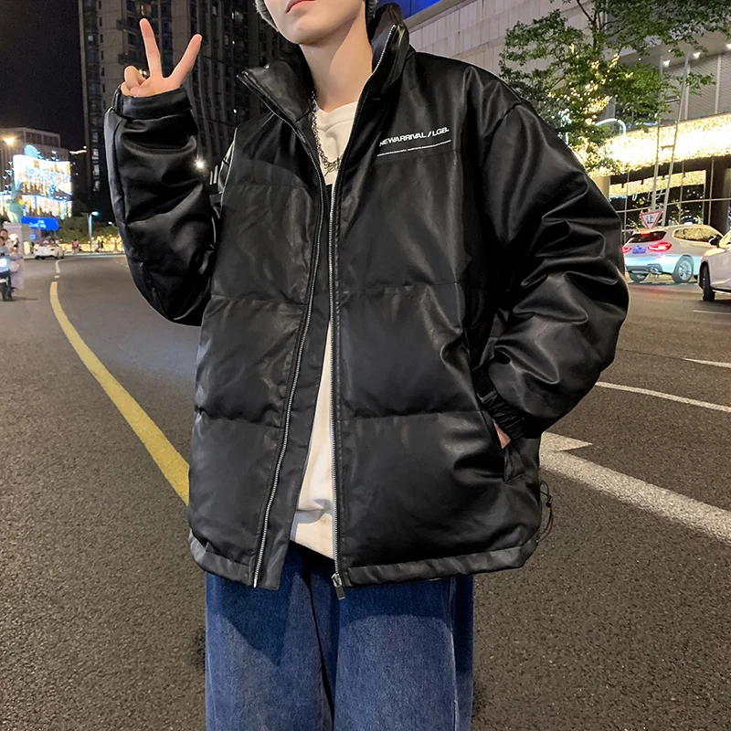

Men's down Jacket Winter Loose PU Leather Waterproof Bread Style Warm Outerwear Stand Collar Youth Couple Top