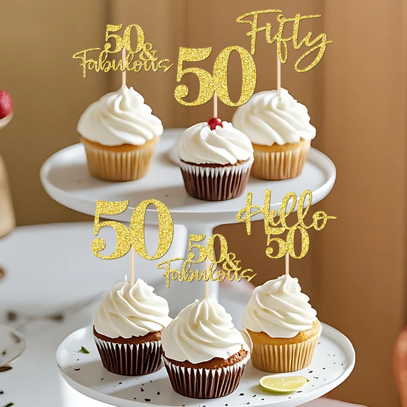 NUBECOM 24 Stück Geburtstagstorte Dekoration Glitzer 50 Cupcake Topper für Hallo 50 Hochzeitstag Party Kuchen Dekor Zubehör – Detail 12