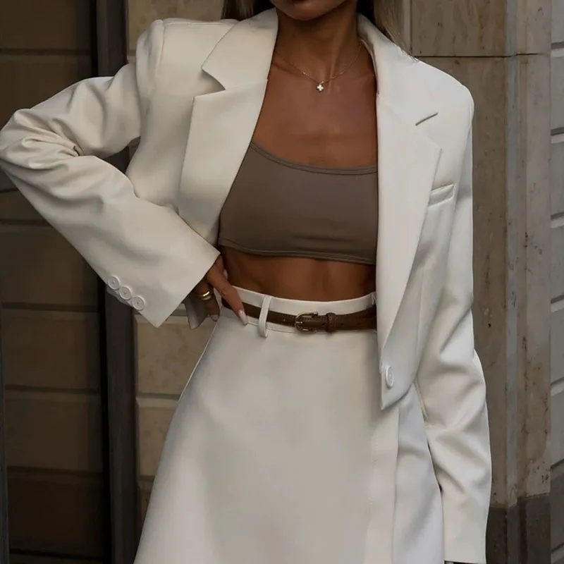 Elegante commute roupas femininas outono novo simples senhora escritório conjuntos de duas peças moda branco manga longa blazer & mini saias conjuntos
