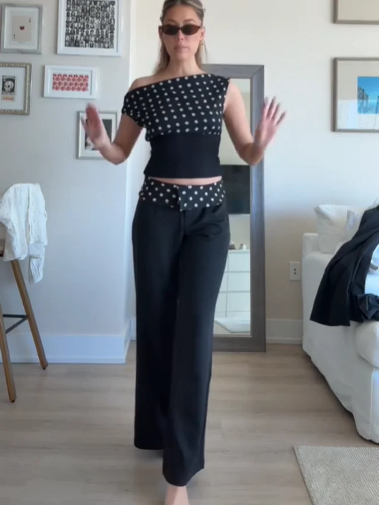 

Комплект из двух предметов: топ в горошек на одно плечо и брюки, с открытой спиной, в стиле пэчворк, на шнуровке, укороченный пуловер, повседневные длинные брюки, новинка 2026 года, женские наряды