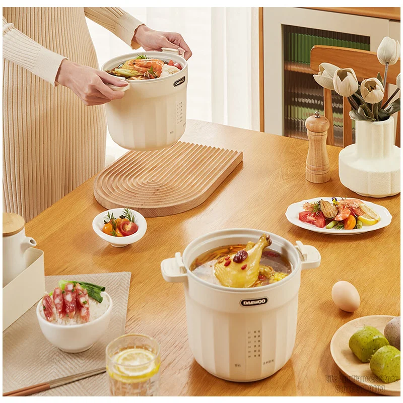 DAEWOO 1.2L Mini Rice Cooker Smart Electric Multi Cooker For Home Dormitory 24H Timing Auto Keep Warm Stew Soup Porridge Noodles