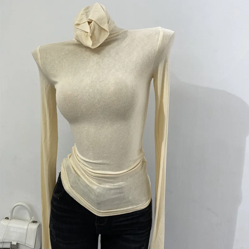 Dünnes, weiches amerikanisches Langarm-T-Shirt mit hohem gestapeltem Ausschnitt, enge Perspektive, Unterhemd für Damen, Slim-Fit-Tops, sexy Streetwear – Detail 7