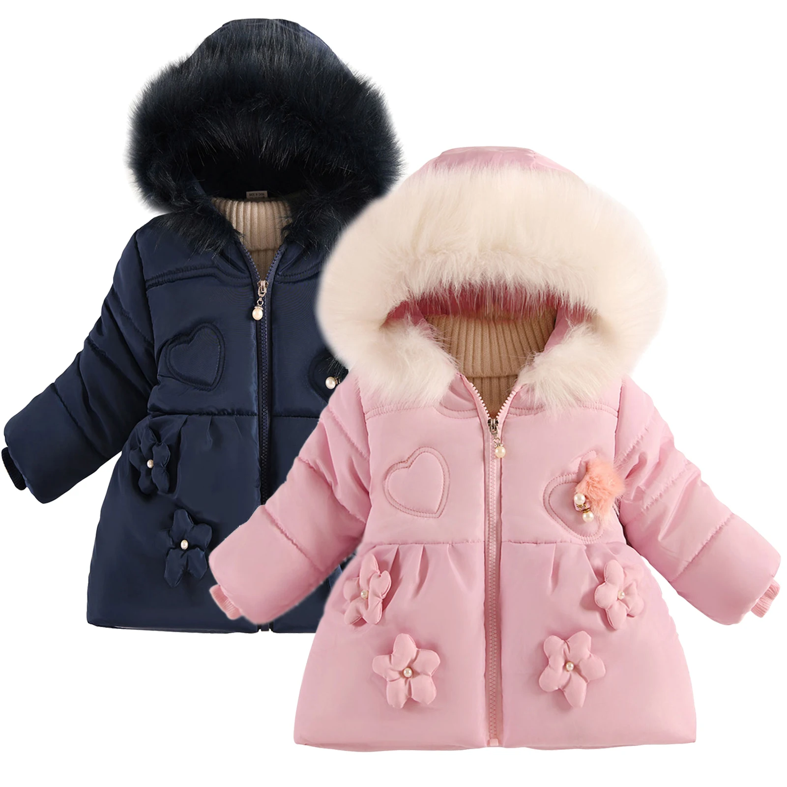 

Пуховик для девочек, теплая детская зимняя верхняя одежда с меховым капюшоном, ветрозащитная детская пуховая хлопковая куртка, флисовая зимняя куртка с 3D цветами для малышей