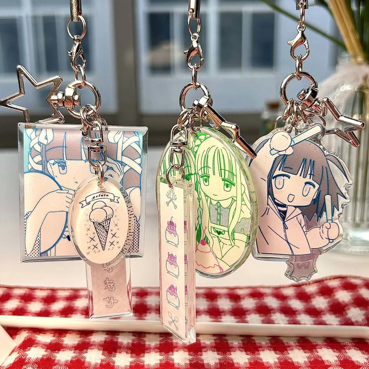Y2K Kawaii Minimal Line Drawing Cartoon Girl Keychain Sweet Dessert Ice Cream Cake Acrylic Bag Charm for Women Key Chain Jewelry
