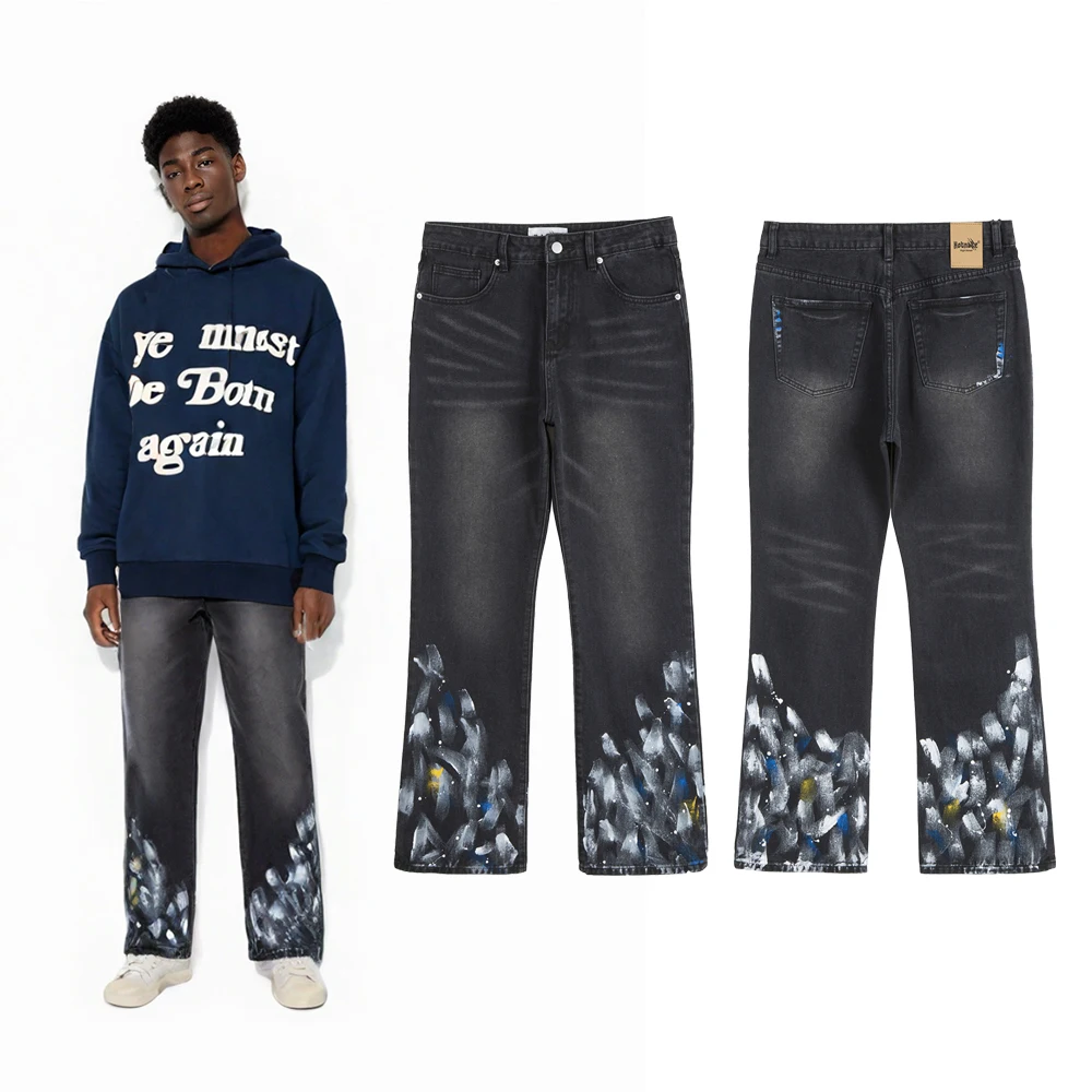 

Мужская одежда Y2k, уличная одежда, ретро, винтажный уличный стиль, расклешенные вручную джинсы с принтом, повседневные джинсовые брюки, японский стиль 2000-х годов