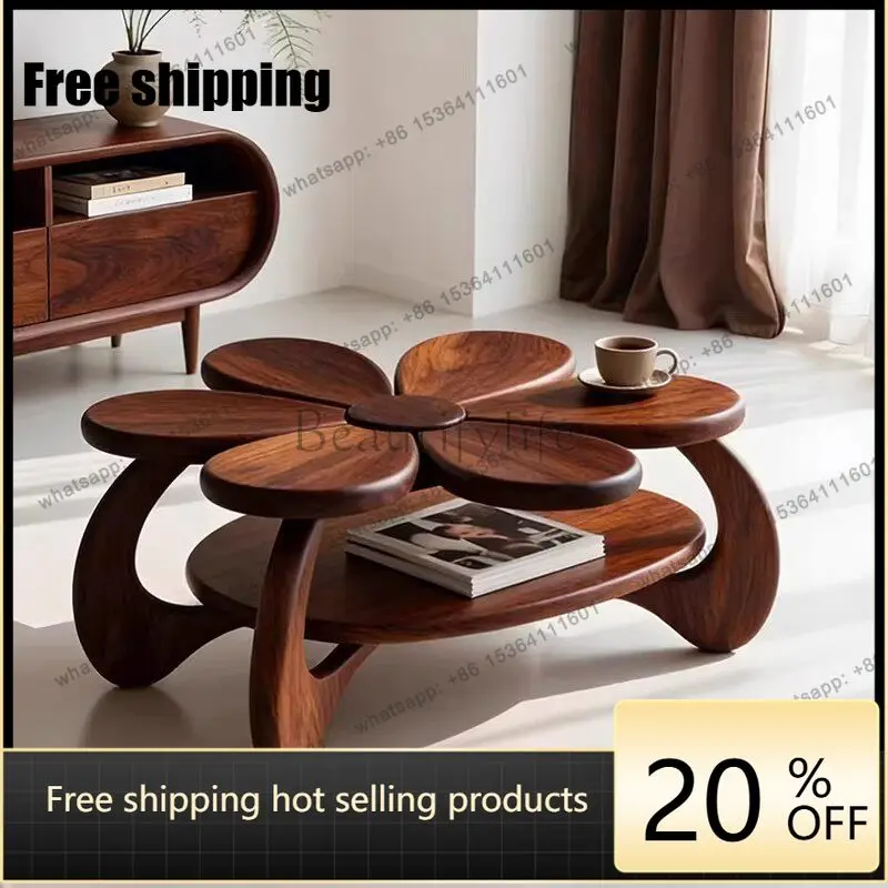 YJ new Chinese style medieval style North American black walnut petal coffee table creative solid wood round table simple