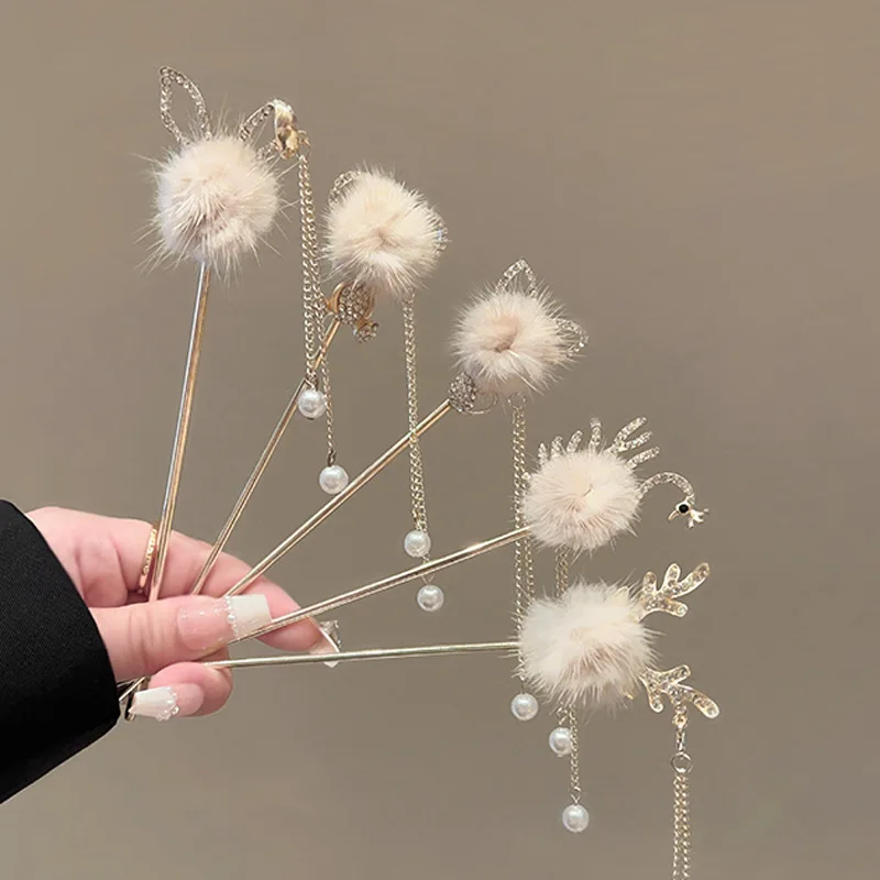 

Antique Style Plush Cat Ear Rabbit Ear Tassel Hairpin, Niche Cute and Gentle Hanfu Headwear