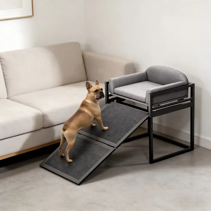 Modern Pet Staircase with Cushioned Seat Black Metal Frame Dog Ramp Sofa Bed Eco Friendly Kennel Steps for Bedroom Living