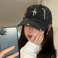 Street Retro Old Denim Ripped Baseball Cap Female Couple European and American Trendy Brand Star Rhinestone Cap Shows Small Face