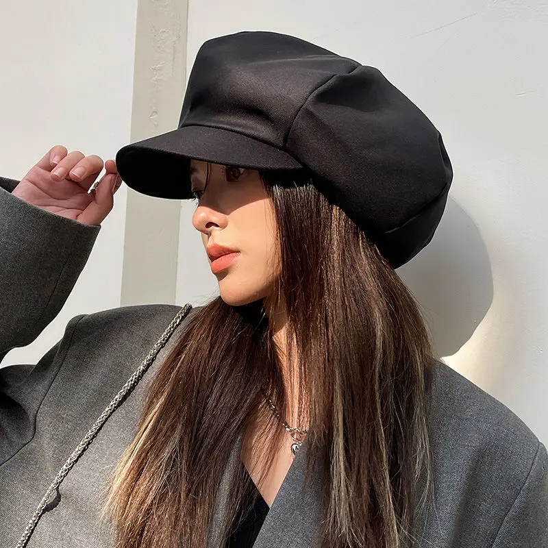 21Opts Y2K Niche Oversized Beret Women INS European American Retro Wild Cowboy Stitching Cowboy PU Street Cloud Hat Gorras