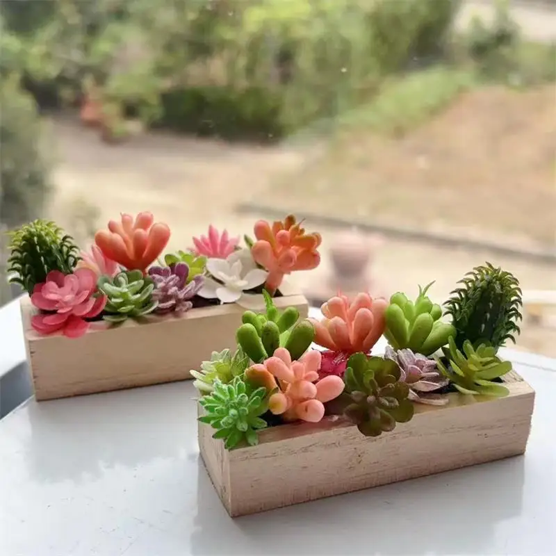 Random One Dollhouse Miniature Succulent Wooden Trough Green Plant Pot Model Micro Landscape Decor Ornaments Pretend Play Toys
