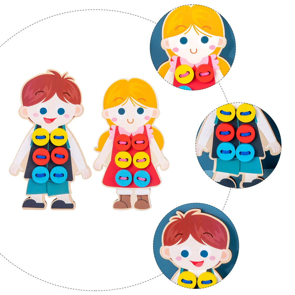 2 pçs laço de madeira crianças botão costura brinquedo educacional pré-escolar threading jogo roupas madeira aprendizagem artesanato