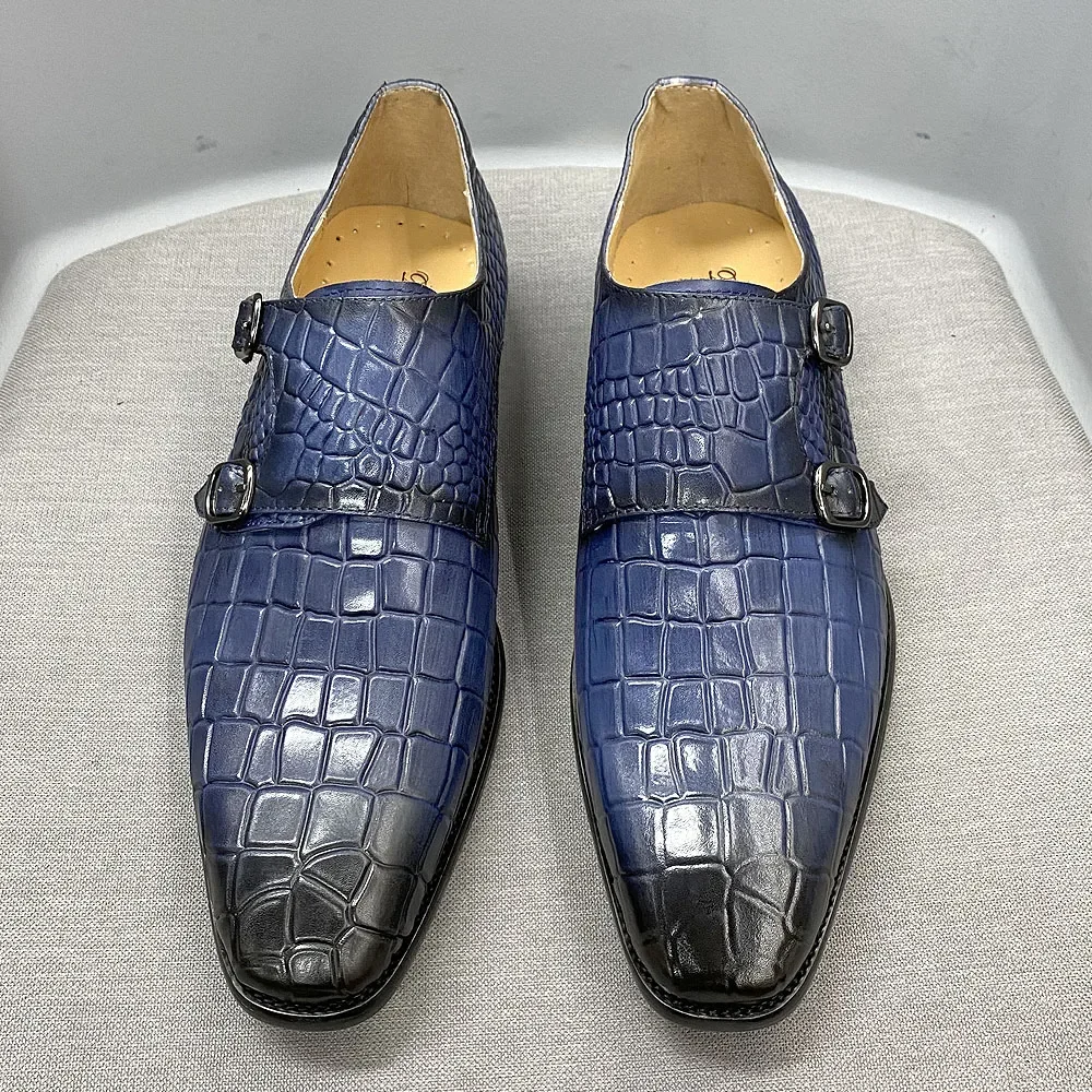 Men's Classic Elegant Black Leather Monk Shoes with Buckle Crocodile Pattern for Office Wedding and Party Dress - view 6