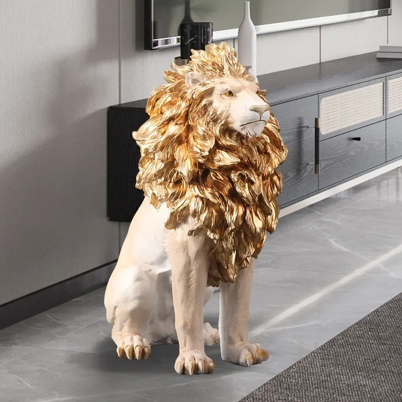 Golden Lion Statue Floor Home Decor Art Big Resin Sculpture New Year 2022 Indoor Large Luxury Ornament Sculpture Modern