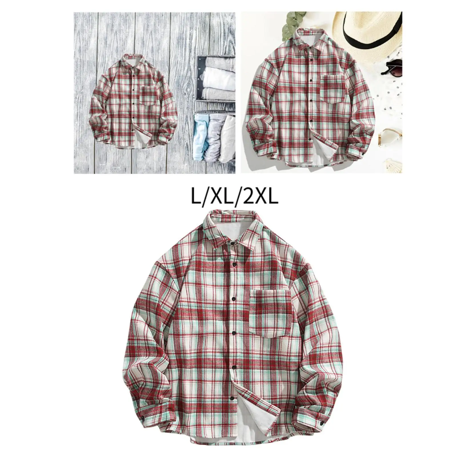 Kemeja Flanel Pria dengan Lapisan Bulu Pendek, Modis Kasual, Berkantong, Model Lounge Coat, Kerah Lapel, Kancing Depan, untuk Kerja Luar Ruangan