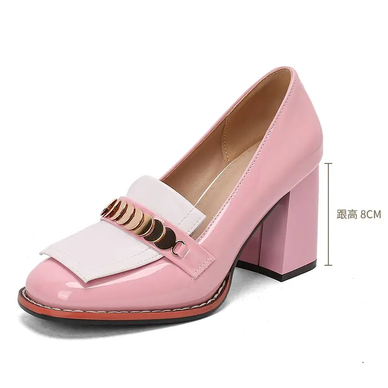 REAVE القط تصميم النساء مضخات ساحة تو 8 سنتيمتر كتلة الكعوب الانزلاق على مختلط اللون المعادن الديكور أحذية أنيقة حجم كبير 46 47 48 #2