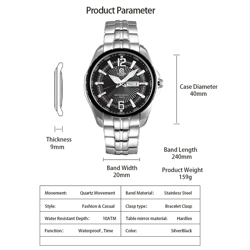 Relógio masculino superior à prova dwaterproof água quartzo negócios casual relógios de aço inoxidável data da semana relógio de pulso relogio masculino
