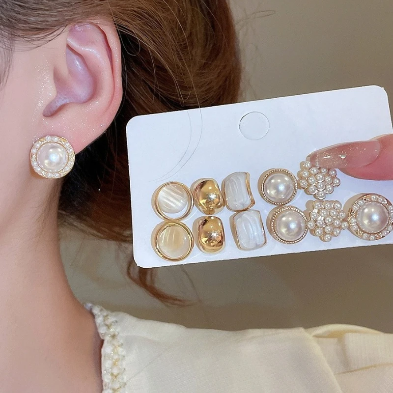 12 Pieces/set of Elegant Temperament Imitation Pearl Round Square Earrings, Women's Daily Wear Holiday Accessories Gifts