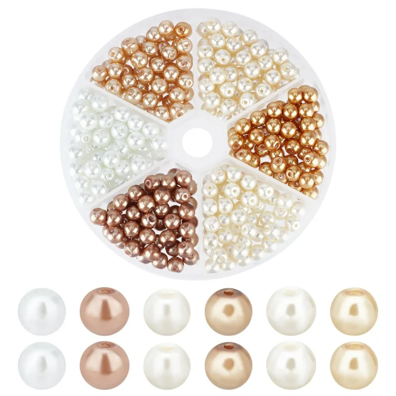 1 Box 300Pcs 6 Style Baking Painted Pearlized Glass Pearl Round Bead Strands Mixed Color 6~7mm Hole: 1mm 50pcs/style