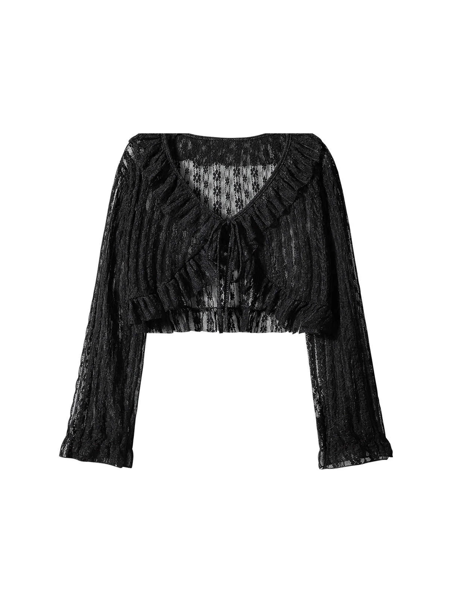 

Women Black Goth Long Sleeve Lace Smock Shirts and Blouses Vintage Y2k Aesthetic 2000s Elegant V-Neck Long Shirt Clothes Autumn