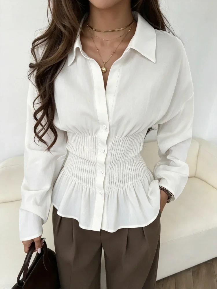 Chic New Pleated Waist Cinching White Shirt Elegant Long Sleeve Blouse Women's Commuter Long Sleeve Top Loose Casual Versatile