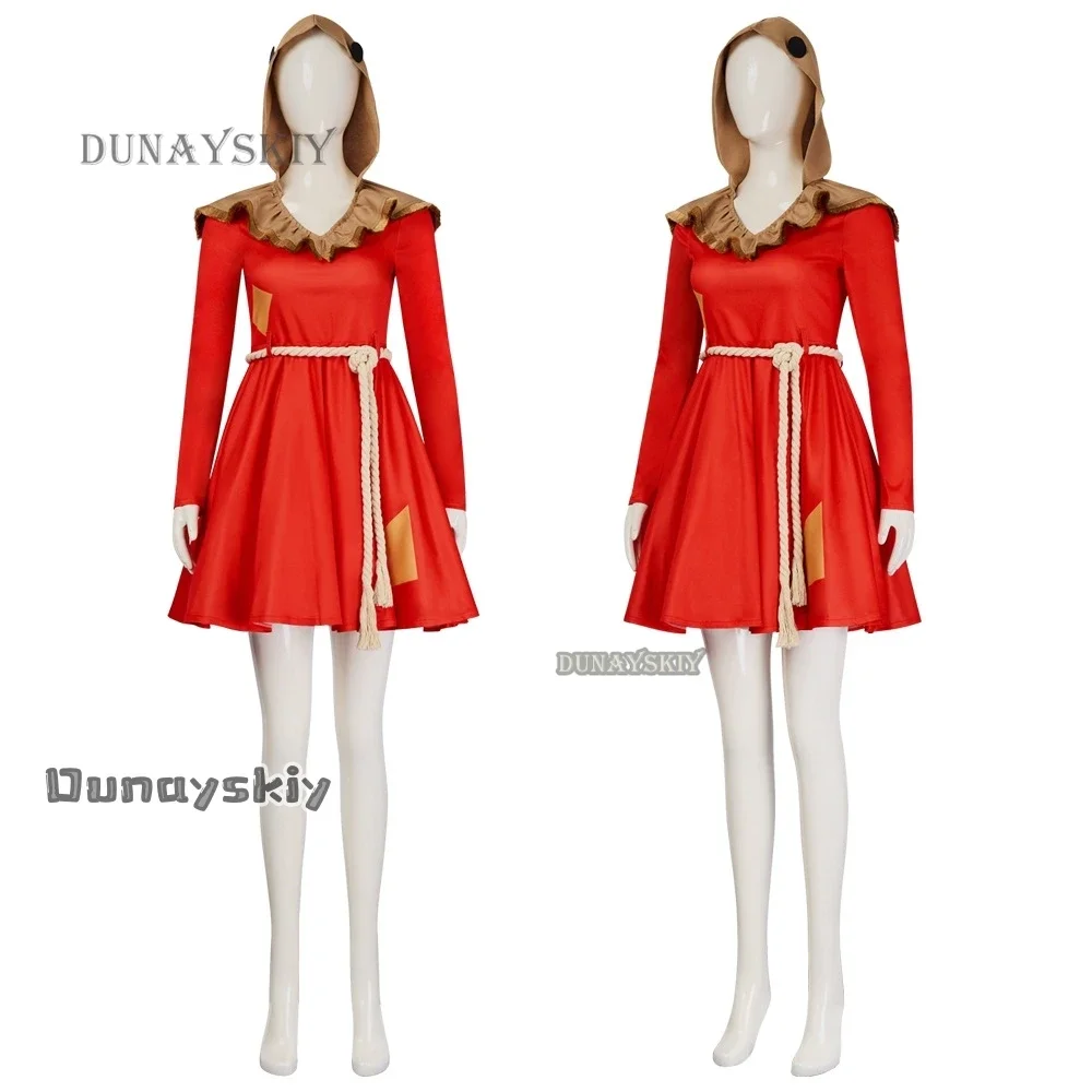 فستان كوسبلاي أحمر مع حزام غطاء للرأس كوسبلاي للهالوين وعيد الميلاد دون تقديم حلوى كرنفال الهالوين