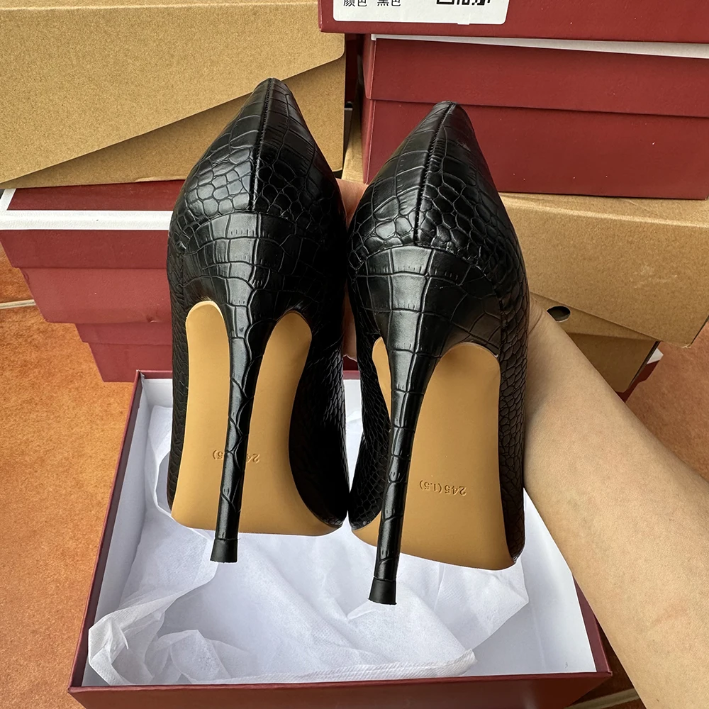 New 12cm 10cm Matte Black Red Snake Sexy Women Pointed Toe Thin High Heels Work Ladies Shallow Stiletto Party Pumps Dress Shoes