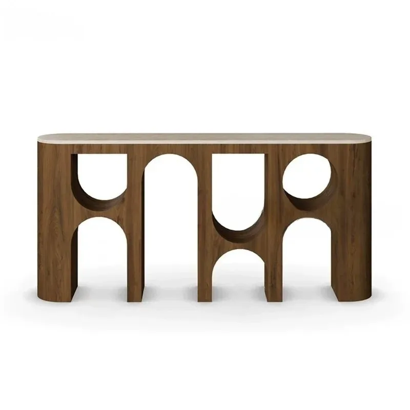 Medieval wabi silent wind solid wood entrance table, French retro corridor aisle end view table, simple high-end travertine