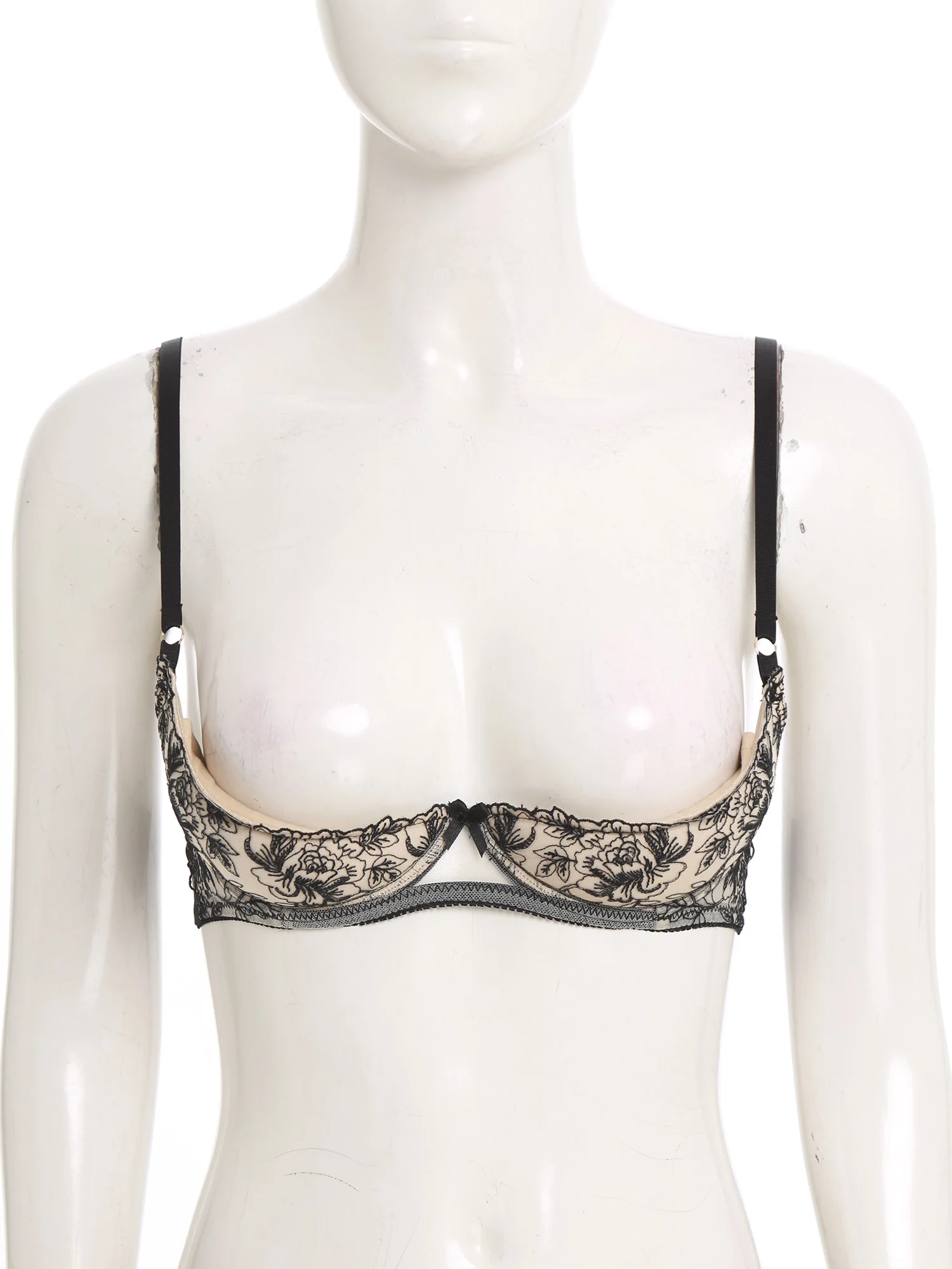 

Women Sexy Low Cut Embroidery Push Up Bra Balconette 1/4 Cup with Extra Thickened Removable Pads Lingerie Underwire Bralette